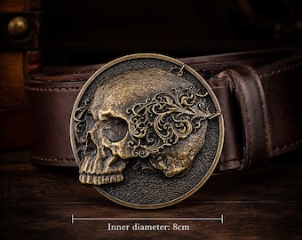 Boucle de ceinture tête de mort gravée | Accessoire western gothique pour motard en alliage de bronze