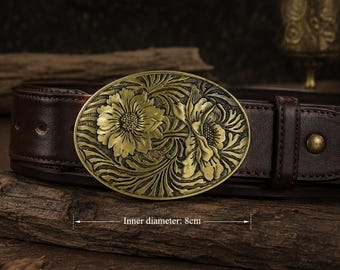 Vintage Floral Brass Belt Buckle, Western Cowboy Style, Antique Peony Engraved (8cm)