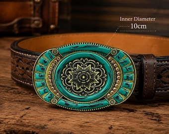 Fibbia per cintura floreale turchese / Fibbia in bronzo anticato stile western per uomo e donna, ornamento da cowboy, accessorio retrò boho