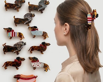 Presilha de cabelo em formato de garra de dachshund, presilha de cabelo de acetato para cachorro, acessórios fofos para cabelo de salsicha, presilha de cabelo em formato de cachorro-quente, mandíbulas de cabelo de animais exclusivas