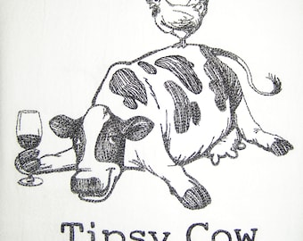 Embroidered Towel, Personalized Towel, Tea Towel, Hand Towel, Kitchen Towel, Dish Towel, Flour Sack Towel, Cow, Tipsy Cow, Presonalize Towel