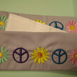 Embroidered Tissue Holder, Tissue Covers, Travel Tissue Case, Purse Tissue Case, Tissue Pouch, Flowers, Peace Design