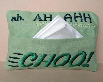 Embroidered Tissue Holder: "Ah Choo" Design Travel Tissue Case