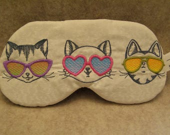 Cool Cats Embroidered Sleep Mask • Cute Cat Eye Mask with Sunglasses • Handmade Gift for Cat Lovers, Embroidered Eye Mask, Cat Design