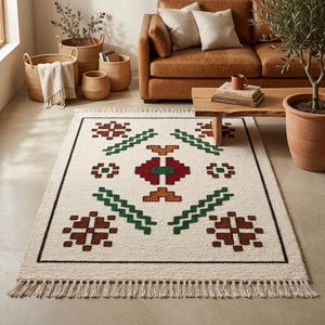 Moroccan Tribal Area Rug, Handmade Wool Berber Rug, Boho Diamond Pattern Rug, Terracotta Green Red Tufted Rug, Bohemian Living Room R