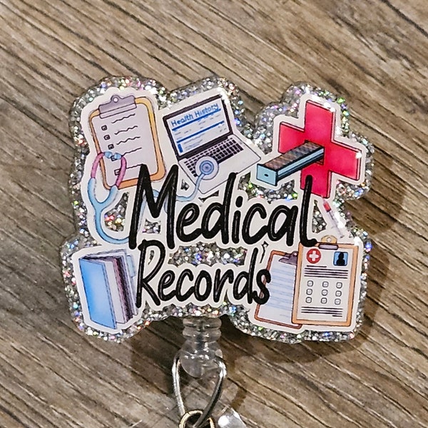 Medical records Badge Reel, medical chart, charting, Holographic glitter, Badge holder, custom, medical professional Badge