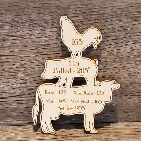 Animal wood magnet, Cow, Pig, Chicken, Cooking temperatures, BBQ, BBQ Pit, farmhouse, wood, laser, farm animals