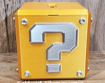 3D printed video game question block, Large, piggy bank, coin box, prize box, magnet lid, gamer accessories, prize cube.