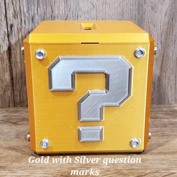 3D printed video game question block, Large, piggy bank, coin box, prize box, magnet lid, gamer accessories, prize cube.