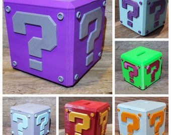 3D printed video game question block bank, small piggy bank, coin box, prize box, video game, gamer accessories, prize cube, Mario, Nintendo