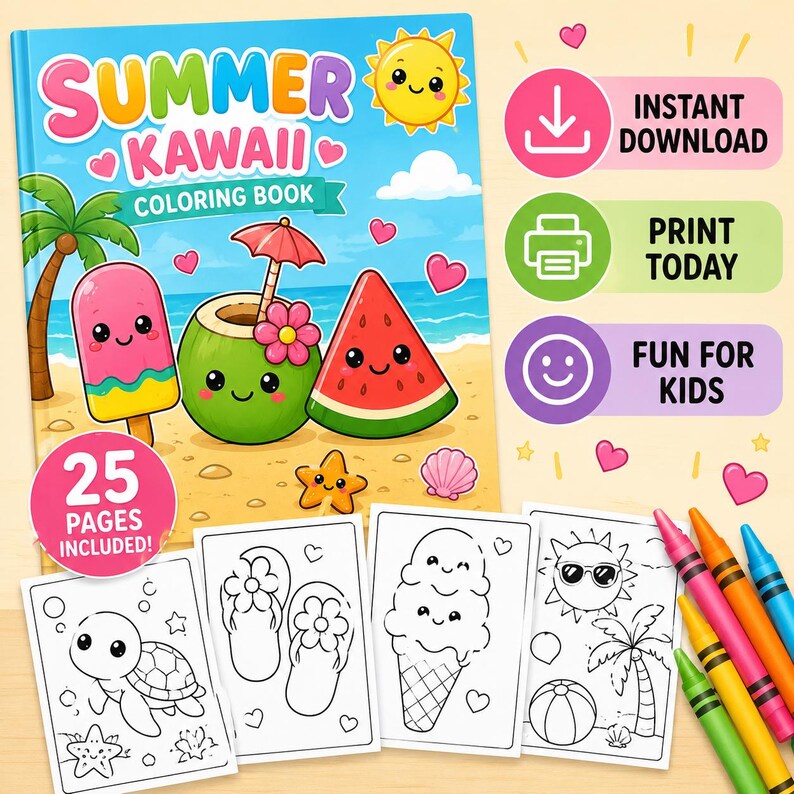 Kawaii Summer Coloring Book for Kids | 25 Pages (digital Download) - Etsy