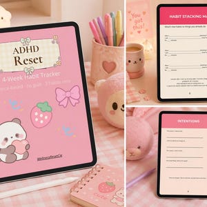 Könnte beinhalten: Ein rosa Tablet zeigt einen ADHD Reset 4-Wochen-Gewohnheitstracker mit einer Panda-Illustration. Das Bild enthält ein rosa Getränk, Stifte, ein Notizbuch und ein Plüschtier, alles in einer weichen, pastellfarbenen Ästhetik.