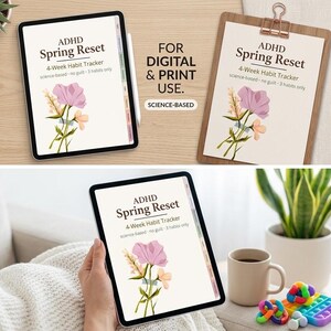 Könnte beinhalten: Digitaler und gedruckter ADHD Spring Reset Habit Tracker. Der Tracker zeigt ein Blumendesign mit einer rosa Blume und dem Text "ADHD Spring Reset 4-Week Habit Tracker science-based - no guilt - 3 habits only."