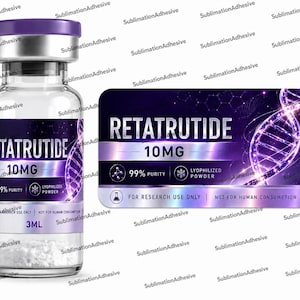 May include: A clear glass vial with a purple cap containing white powder, labeled Retatrutide 10mg, 99% purity, lyophilized powder, 3ml, for research use only, not for human consumption, featuring a purple graphic of a DNA double helix strand.