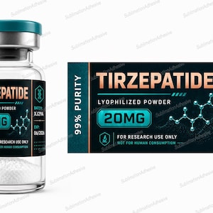 May include: A clear glass vial with a teal cap containing white lyophilized powder. The label features the text TIRZEPATIDE, 20MG, 99% PURITY, FOR RESEARCH USE ONLY, NOT FOR HUMAN CONSUMPTION, BATCH: XJ29A, and EXP: 06/2026 with a molecular structure graphic.