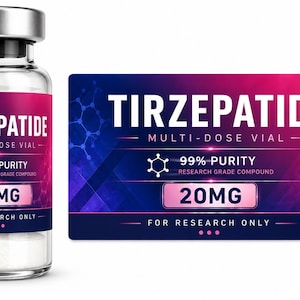 May include: A clear glass multi-dose vial with a silver cap, featuring a label with a blue and pink gradient background. The label text reads TIRZEPATIDE, MULTI-DOSE VIAL, 99% PURITY, 20MG, and FOR RESEARCH ONLY, accompanied by a chemical structure icon.