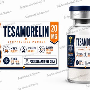 May include: A clear glass vial with a dark blue cap containing white lyophilized powder, featuring a label that reads Tesamorelin 20 mg, Premium Peptide Quality, >99% Purity, Research Grade, and For Research Use Only, with storage instructions 2°C-8°C.