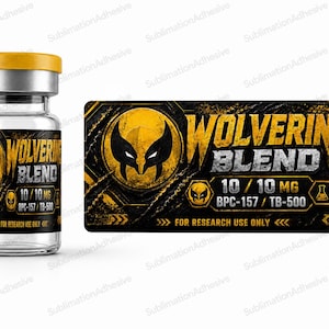 May include: A clear glass vial with a yellow cap and a rectangular label featuring a black and yellow graphic of a mask. The text reads Wolverine Blend, 10/10 MG, BPC-157/TB-500, and For Research Use Only. The design includes a metallic texture.