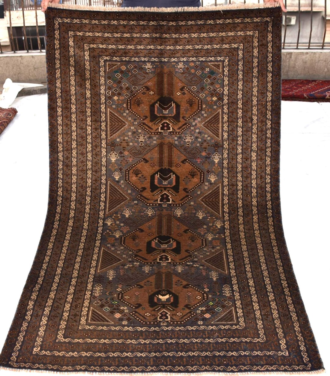 Handmade Wool Baluchi Rug, 6x4 Ft Geometric Tribal Carpet, Rustic Boho ...