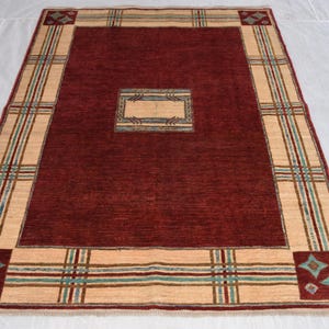 Afghan Gabbeh Rug 6.8 x 5.0 Ft, Hand Knotted Wool Area Rug, Minimalist Tribal Carpet, Red Ivory Geometric Rug, Modern Boho Home Decor