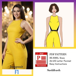May include: A woman in a yellow jumpsuit with a cutout detail. The image also features a fashion illustration of a yellow jumpsuit with black trim and a PDF pattern document with text: "PDF PATTERN, XS-XXXL Sizes, A4-US Letter Format, Easy Instructions."