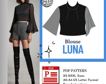 Luna Blouse Sewing Pattern | Blouse PDF Digital Download | A0 A4 US Letter Formats