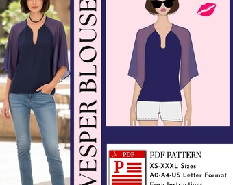 Vesper Blouse Sewing Pattern | Blouse PDF Digital Download | A0 A4 US Letter Formats