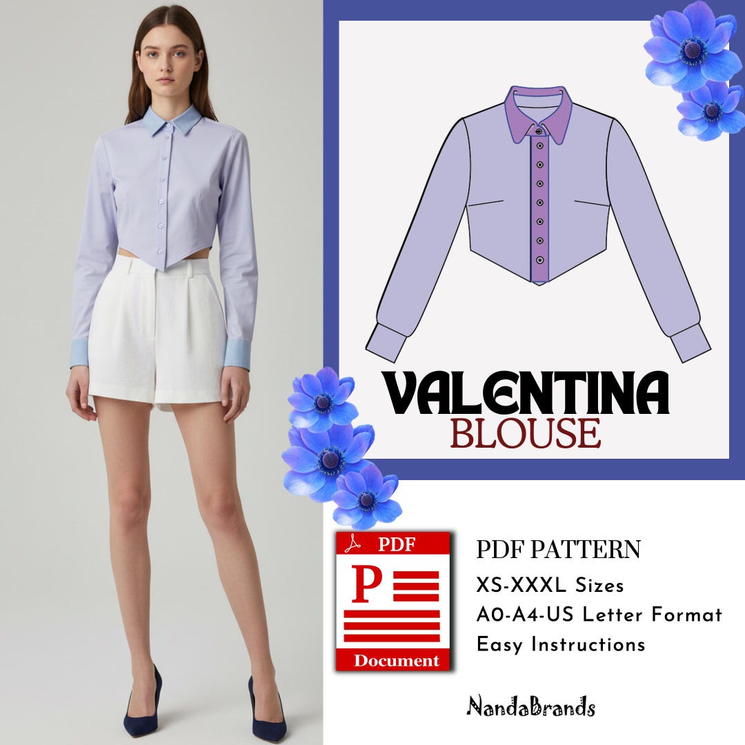 Valentina Blouse Sewing Pattern | Blouse PDF Digital Download | A0 A4 ...