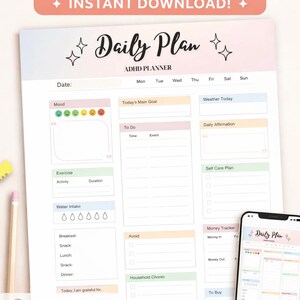 Peut inclure: Planificateur quotidien imprimable pour le TDAH avec des sections pour l'humeur, les objectifs, les listes de tâches et les soins personnels. Comprend un suivi des finances et un suivi de la consommation d'eau. Le design est pastel avec le texte "Daily Plan".