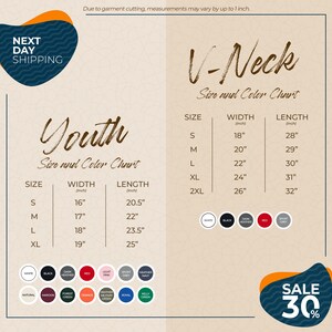 The image is a promotional graphic for a clothing store, featuring a size and color chart for youth and V-Neck tops. The chart provides measurements for different sizes, including S, M, L, XL, and 2XL, along with corresponding widths and lengths. The chart also includes color options for each size, such as white, black, red, pink, and green. The image includes a sale promotion with a 30% discount, and there are various color swatches displayed for the tops.
