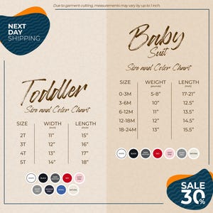 The image is a promotional graphic for baby clothing, featuring a size and color chart for toddlers and a sale offer for next day shipping.