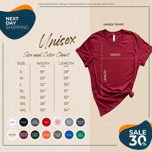 The image is a promotional graphic for a clothing brand, specifically an unisex t-shirt. It features a red t-shirt with measurements and color options displayed, along with a sale promotion.