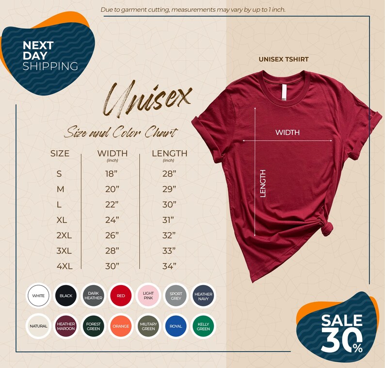 The image is a promotional graphic for a clothing brand, specifically an unisex t-shirt. It features a red t-shirt with measurements and color options displayed, along with a sale promotion.