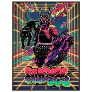 May include: Digital art print with a samurai, black panther, and a purple sports car. The background features koi carp, neon grid lines, and the graffiti text "WICKED WAVES". A striking, colourful design.