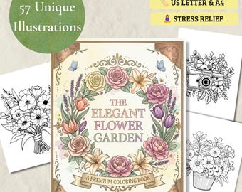Elegant Flower Garden Coloring Book, Printable Floral Coloring Pages for Adults, Cute Botanical Grayscale Sheets (Instant Download PDF)