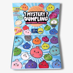 May include: A Mystery Dumpling Countdown Calendar box featuring a light blue background with colorful cartoon dumplings. The box displays the text Mystery Dumpling Countdown Calendar, 23+ mini dumplings, and 1 exclusive dumpling. It includes 24 numbered perforated doors for daily reveals, each decorated with a unique dumpling illustration.