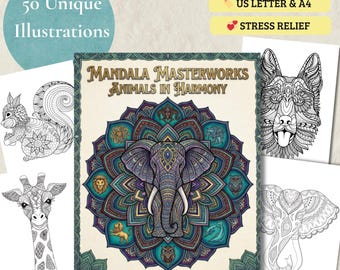 Mandala Artworks Animal in Harmony Coloring Book for Adults, Zentangle Flower Patterns Printable, Stress Relief Art (Instant Download PDF)