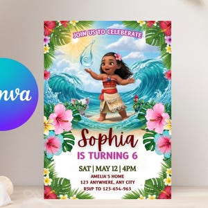 May include: A colorful invitation featuring a cartoon character on a beach with ocean waves. The invitation is for Sophia's 6th birthday, with event details and RSVP information. The Canva logo is in the upper left corner.