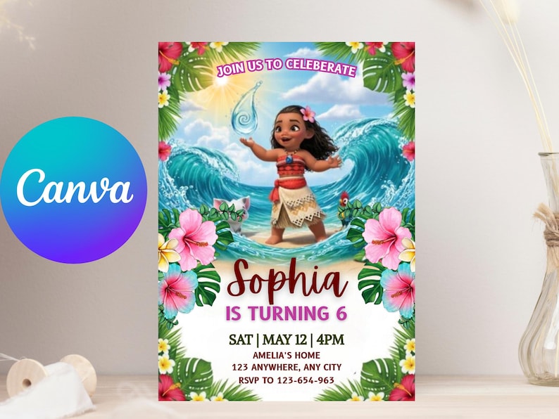 May include: A colorful invitation featuring a cartoon character on a beach with ocean waves. The invitation is for Sophia's 6th birthday, with event details and RSVP information. The Canva logo is in the upper left corner.