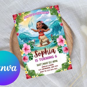 May include: A colorful birthday invitation featuring a cartoon character on a beach with ocean waves and tropical flowers. The invitation says "Sophia is turning 6" and includes event details. The Canva logo is visible.