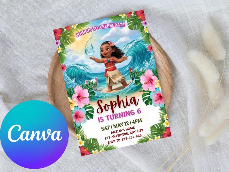 May include: A colorful birthday invitation featuring a cartoon character on a beach with ocean waves and tropical flowers. The invitation says "Sophia is turning 6" and includes event details. The Canva logo is visible.