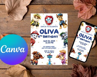Invitación de cumpleaños con temática de cachorros, editable (descarga en Canva)