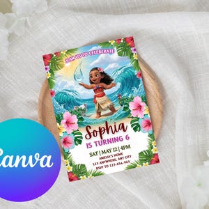 May include: A colorful invitation card featuring a cartoon character on a beach with ocean waves and tropical flowers. The card says "Sophia is turning 6" with event details. The Canva logo is visible in the bottom left corner.