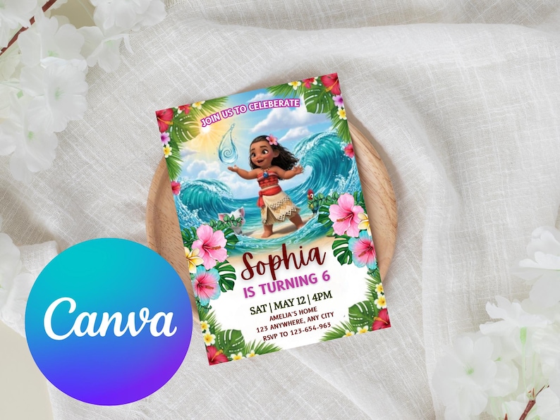 May include: A colorful invitation card featuring a cartoon character on a beach with ocean waves and tropical flowers. The card says "Sophia is turning 6" with event details. The Canva logo is visible in the bottom left corner.