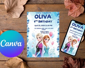 Plantilla editable de invitación de cumpleaños de Frozen, invitación imprimible para fiesta de cumpleaños de Elsa de Frozen, invitación de cumpleaños de Frozen para cualquier edad, Canva Pdf