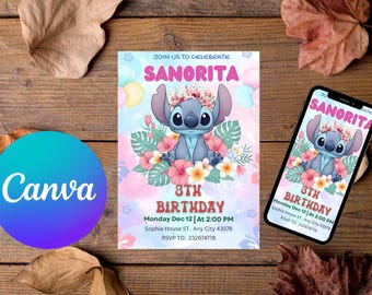 Invitación de cumpleaños de Stitch editable, plantilla editable e imprimible, linda invitación para fiesta de Stitch, plantilla de Canva, descarga instantánea, invitación de Canva