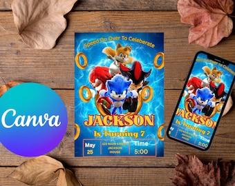 Invitación de cumpleaños de Sonic, plantilla editable de Canva, invitación para fiestas de niños y niñas (descarga digital)