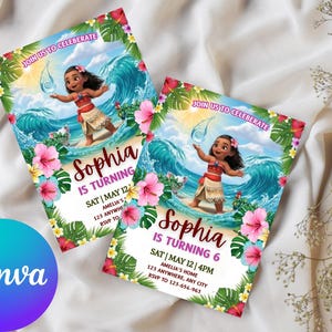 May include: Two birthday party invitations featuring a cartoon character surfing a wave. The invitations are decorated with tropical flowers and foliage. The text on the invitations reads "Sophia is turning 6" and includes party details.