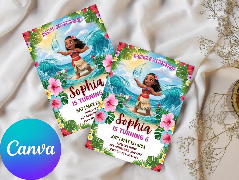 May include: Two birthday party invitations featuring a cartoon character surfing a wave. The invitations are decorated with tropical flowers and foliage. The text on the invitations reads "Sophia is turning 6" and includes party details.