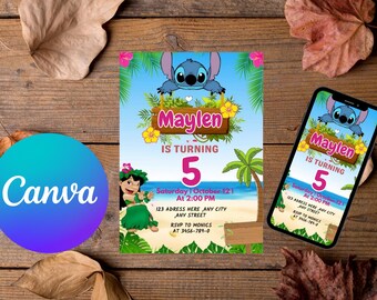 Invitación de cumpleaños de Stitch, invitación de cumpleaños de Lilo y Stitch, invitación de cumpleaños para fiesta de niña, invitación de Stitch editable
